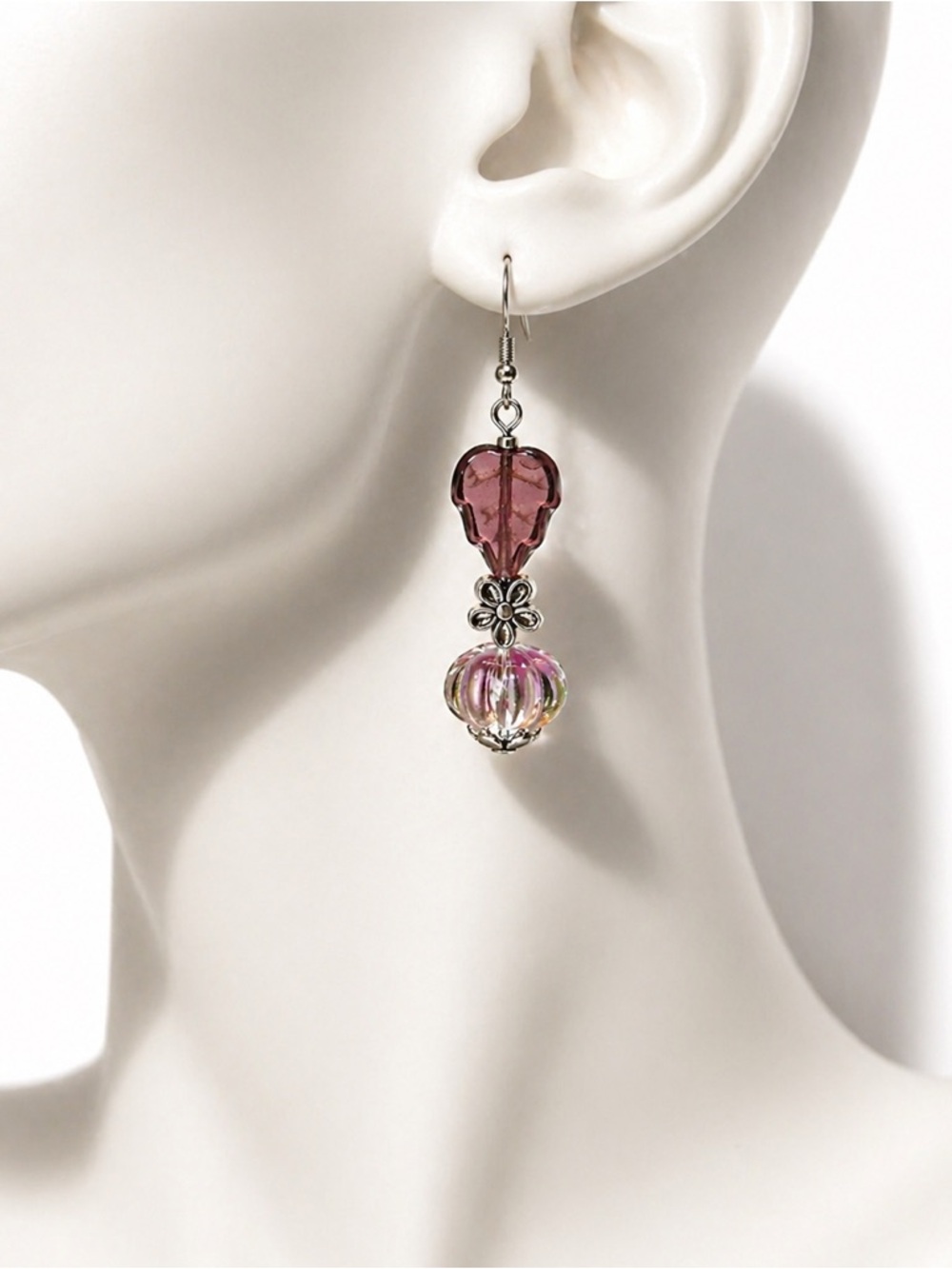 Boho Glass Leaf Earrings, Plum Leaf Mixed Glass Dangle, Artisan, Ships Free - Picture 4 of 11